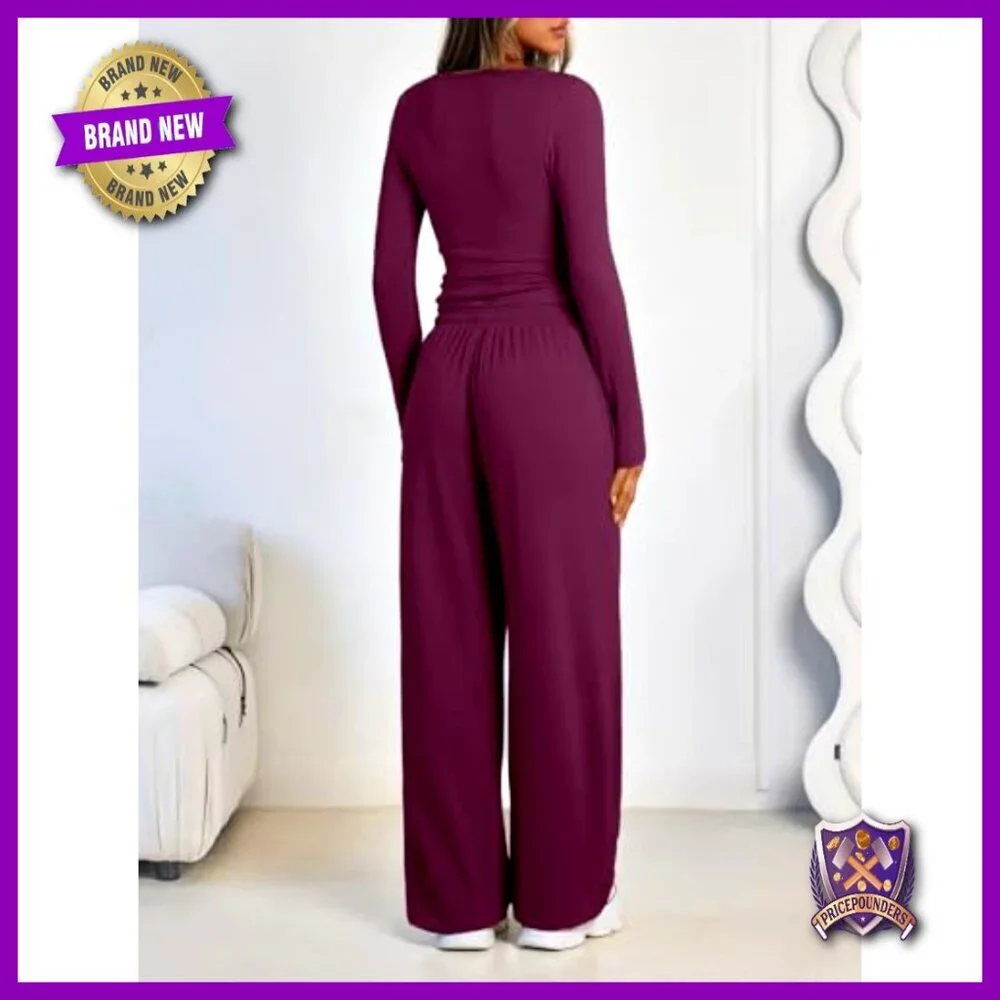 Two Piece Lounge Set Long Sleeve Wide Leg Pants Comfort Stretch Business Casual
